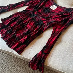 Thread & Supply Red Black Plaid Peplum LS Blouse Size Small thumbnail 5