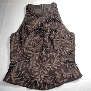 Carmen Marc Valvo‎ Sleeveless Zip Back Embroidered Brown Tank Top 2 thumbnail 1