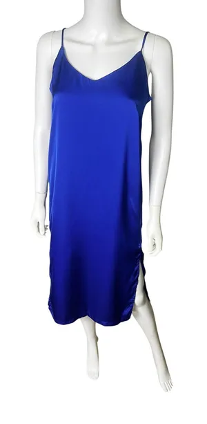Shinestar Womens Satin Slip Dress Blue Midi Adjustable Straps Side Slit NWT S thumbnail 1