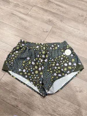 aerie Olive Floral Athletic Shorts with Blue & White Daisies thumbnail 2