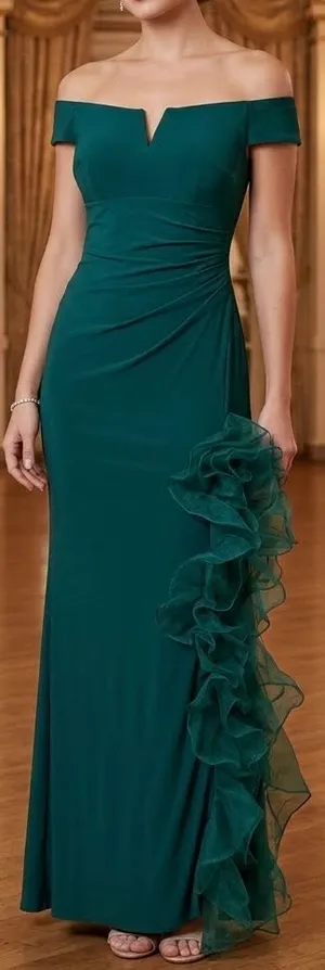 Xscape Off-The-Shoulder Ruched hunter green Gown with Custom Ruffle Detail 8 thumbnail 4