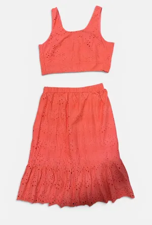 Calypso St.‎ Barth Womens Coral Eyelet Lace 2 Piece Set Crop Top Midi Skirt M thumbnail 1