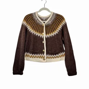 J.CREW Cardigan Brown Brushed Yarn Fair Isle Alpaca Wool Sweater Fuzzy Large thumbnail 2
