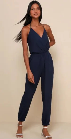 NWT Lulus Learning to Fly Navy Halter Jumpsuit Small Flawed thumbnail 1