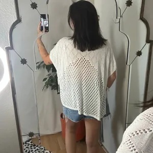 Free People Crochet Knitted V-Neck Poncho Beach Coverup Top White thumbnail 3