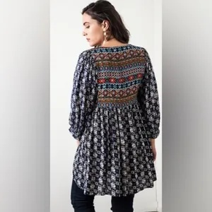 Umgee Navy Boho Aztec Print Mini Dress 3/4 Sleeve Babydoll Tunic Size Medium thumbnail 2
