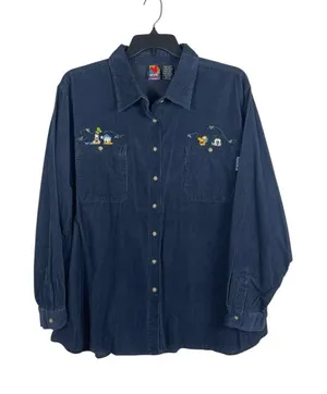 Vintage Mickey Characters Corduroy Button Up Shirt Disney Embroidered Plus 26W thumbnail 1