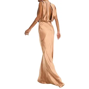 ASOS Design Textured Satin Drape Shoulder Maxi in Brown, Size 14 thumbnail 2