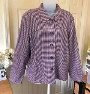 2000s Y2K Vintage Purple white checkered plaid gingham button-up blazer preppy old money retro jacket #coquette #twee Size L, measurements in pics thumbnail 2