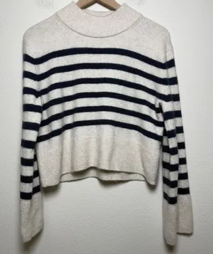 J. Crew Womens Merino Wool Alpaca‎ Sweater XS Cream Navy Breton Stripe Preppy thumbnail 1
