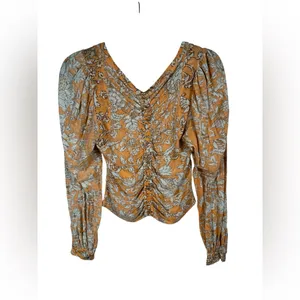 Free People Floral Crop Top XS Orange Cream Boho Long Sleeve Ruched Front Blouse thumbnail 3
