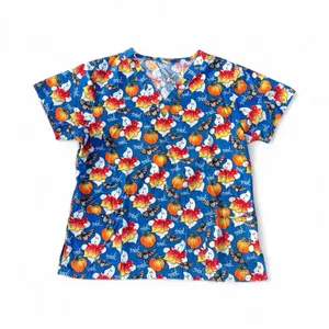 Scrub Wear Blue Pumpkin Ghost Trick or Treat Halloween Print Scrub Top Medium thumbnail 1