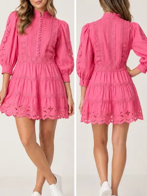 Alice + Olivia Clark Pink Embroidered Crochet Lace Tiered Mini Dress thumbnail 2