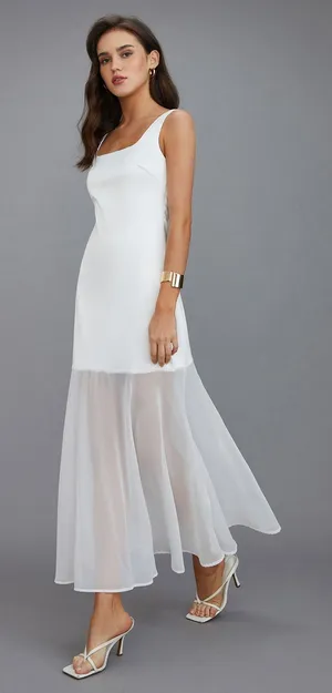 Commense Satin Bridal White Sheer Chiffon Overlay Minimalist Maxi Dress NWT L thumbnail 1