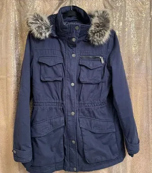 BCBGeneration Navy Blue Hooded Faux Fur Trim Anorak Parka Coat Large thumbnail 1