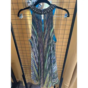Muse Women's High End Beaded Halter Dress 100% silk in Blue thumbnail 4