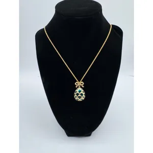 Vintage Blue Enamel Egg Pendant Necklace Bow Detail Gold Tone Chain‎ 18" thumbnail 3