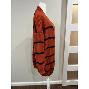 Chunky‎ cozy oversized SHEIN Orange Black Striped Knit Cardigan Sweater Women M thumbnail 2
