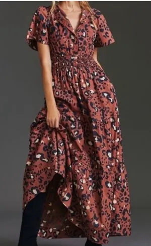 Anthropologie Somerset Maxi Dress Leopard Print Tiered Smocked Rust Brown Medium thumbnail 1
