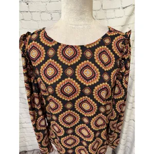 Ann Taylor LOFT Medallion Ruffle Shoulder Bar Back Blouse Long Sleeve Top Large thumbnail 4