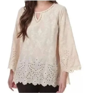 John Mark Cream Eyelet Embroidered Velvet Tunic Top Bell Sleeve Scalloped‎ Hem L thumbnail 1