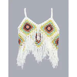 Vivid Granny Square‎ Crochet Fringe Crop Top Multicolor Boho Festival thumbnail 2