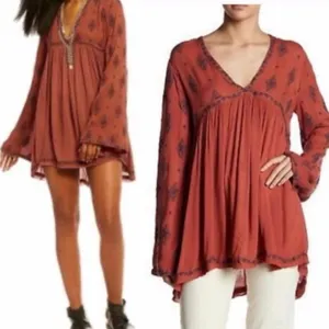 Free People Diamond Embroidered Mini Dress Boho Bell Sleeve Tunic Rust Small thumbnail 5
