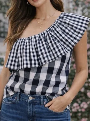 NWT J. Crew Gingham One Shoulder Blouse thumbnail 1
