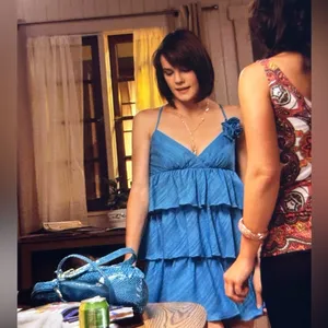 Vintage Trina Turk Y2K Ruffle Tiered Mini Dress 4 Blue Party Mermaid Whimsy Chic thumbnail 9