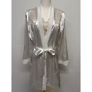 Linea Donatella‎ Ivory Satin Lace Chemise Robe Set Bridal Honeymoon Lingerie M thumbnail 5