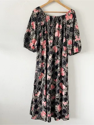 Baltic Born Ivanna Black Floral Embroidered Cottagecore Satin Midi Dress thumbnail 9