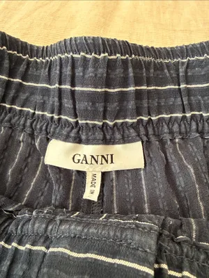 Ganni Silk Navy Blue Pinstripe Wide-Leg Pants thumbnail 4