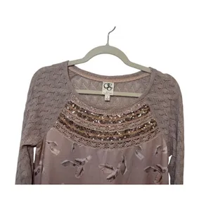 One September Sequin Feather Print Knit Long Sleeve Top Beige Brown‎ Women's S thumbnail 3