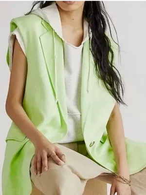NWT Free People Linen Cotton Oversized Vest Shoulder Pad Long Length Lime Neon thumbnail 2