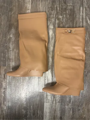 Over-the-Knee Smooth Beige Faux Leather Wedge Boots Size 9.5 Wide thumbnail 10