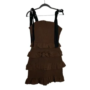 Endless Rose Brown Ruffle‎ Smocked Tie Shoulder Mini Dress Size XS thumbnail 2