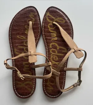 Sam Edelman Tan Leather T-Strap Flat Sandals | Croc Print Insole | Women’s Shoes thumbnail 1