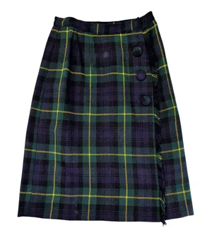 Vintage Navy Green Plaid Wrap Skirt Fringed Kilt Style Button Front‎ Knee Length thumbnail 1