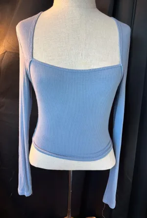 Long Sleeve Ribbed Square Neck Wrap Tie Top Dusty Blue Cropped Knit thumbnail 1