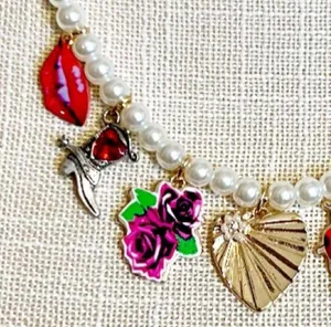 👄Betsey Johnson Faux Pearl Charm Necklace - Ladybug, Lips, Flower & Cowboy Boot thumbnail 3