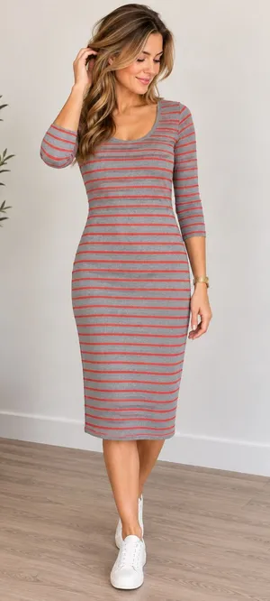 French Connection Gray Coral Stripe Cotton Midi Dress Size 6 thumbnail 1