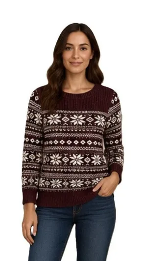 Loft Sweater Womens Size M Burgundy Fair Isle Long Sleeve Pullover Snowflake thumbnail 1