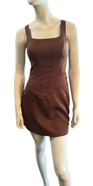 Wear Your Love Square Neck Draped Mini Dress Brown See Measurements NWT thumbnail 1