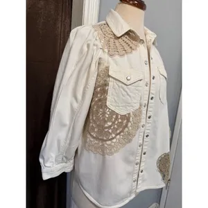 Pilcro Anthropologie XS Shirt Crochet Lace Patchwork‎ Denim Cream Puff Sleeve thumbnail 11
