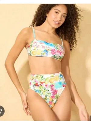 Shade & Shore Tropical Floral Bandeau Top in White, Blue and Yellow L postiano thumbnail 1