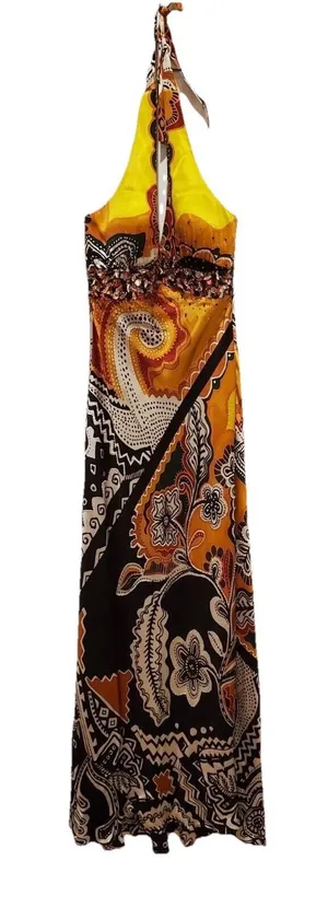 MARY L COUTURE Beads Halter print Dress Sz 10 Yellow Multi 100% SILK thumbnail 1