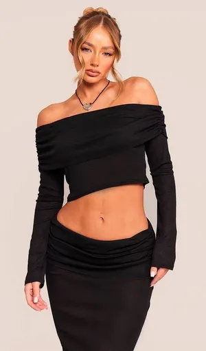 NWT PrettyLittleThing Black Long Sleeve Off The Shoulder Fold Over Top Size 12 thumbnail 1