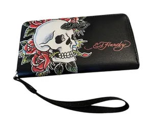 Ed Hardy Black Leather Wristlet with Skull and Roses Design thumbnail 1