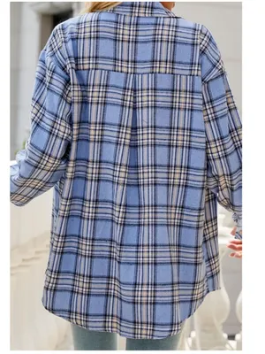 CHYRII Amazon Brand Women’s Oversized Blue Plaid Flannel Button Down Shirt thumbnail 6