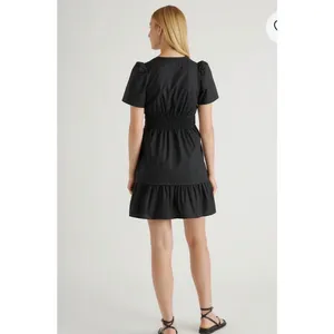 Quince Organic Cotton Poplin Tiered Mini Dress Black Short Sleeve‎ Smocked M thumbnail 2